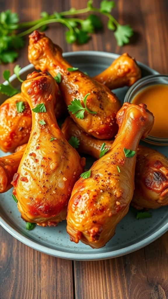 Crispy baked chicken drumsticks on a plate, garnished with parsley and served with dipping sauce.